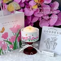Luxury scented candle gift set with tulip ceramic bowl, wooden stand, and pink gift bag - Goddess Day Tulip Butterfly-Gardenia