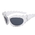 Cyberpunk sunglasses with transparent frames and dark grey lenses in a 45-degree side view - Transparent White / Grey Lenses