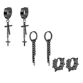 Set of 3 pairs of black stainless steel earrings featuring cross, chain, and spike charms - Set 22 (Black - Cross Pendant/Fine Chain/Rivet Hoop)