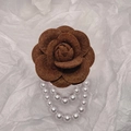 Brown felt camellia flower brooch with elegant pearl charms for suits and scarves - With Pearl Tassel / Brown