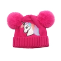 Detail of unicorn embroidery and double faux fur pom-poms on pink knitted hat - M(48cm-52cm) / Rose Red