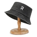 Washed dark grey denim bucket hat with white letter R embroidery on wooden stand - Letter R Black