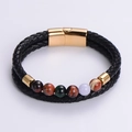 Bracelet double couche en cuir tressé noir pour homme avec pierres naturelles et fermoir magnétique doré - Style Or B (Double Tour Noir/Fermoir Doré/Pierres Mixtes)