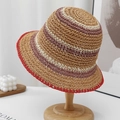 Cappello di paglia a righe fatto a mano con patchwork multicolore e bordo rosso ondulato - M (54-58cm) / Cachi