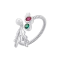 Detailed macro view of silver open ring with twisted band, pearls, gems, and metal leaves - VJ534 / White Gold