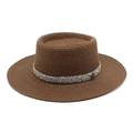 Detail of brown boater hat featuring fine woven texture and sparkling rhinestone band - M (56-58cm) / Brown