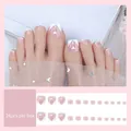 Pink French toenail press-ons with white heart designs and geometric V-lines JY063 - JY063 Heart & Arrow