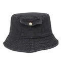 Detailed view of black washed denim bucket hat featuring a small front pocket with metal snap - M (56-58cm) / Black