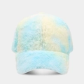 Close-up of colorful tie-dye faux fur baseball cap in pastel blue and yellow hues - Adjustable / Tie-dye Mix Blue Yellow Mint Green (Color 3)