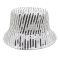 Detailed view of silver and black sequin striped bucket hat with reflective surface - Silver / M (56-58cm)