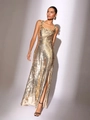 Abito da sera elegante in paillettes dorate con spacco alto e scollo quadrato chic - S / Platino