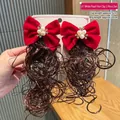 Red velvet bow hair clip with pearls and 20cm long brown curly wig braid for kids - White Pearl Wig (Hair Clip 024-Braid)