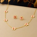 Gold plated necklace and earring set with pink enamel flower pendants on a textured surface - Necklace Earrings 2-Piece Set