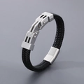 Geflochtenes Herrenarmband aus schwarzem Leder mit industriellem Edelstahl-Magnetverschluss - Stil A Industrielle Bolzendekoration (KB166259) / Silber / 19cm
