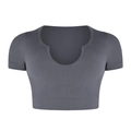 Dark grey ribbed knit short sleeve crop top with seamless U-neck for fitness - S / Tops / Gray