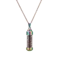 Detailed view of rainbow-plated capsule pendant filled with dark red crushed stones - Garnet Gravel