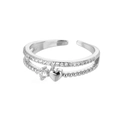 Detail of silver double-layer ring featuring chain design, round diamond and heart charm - Silver Double Layer Heart (P10112558P-4)