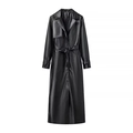 Trench-coat long en similicuir noir avec ceinture et revers classiques pour femme - S / Noir