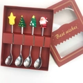 Red gift box set containing 4 stainless steel Christmas spoons with festive silicone heads - Silver Spoon 4PCS Red Gift Box