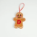Gingerbread man felt ornament with red embroidered letter D and silk hanging string - Letter D