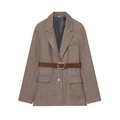 Chaqueta blazer de mujer marrón oscuro en espiga con cinturón a juego y hebilla oro - XS / Blazer de espiga café oscuro con cinturón