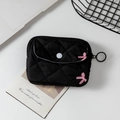 Black quilted mini storage pouch featuring pink butterfly embroidery and zipper closure - 12*1.5*9cm / Black Embroidered Bow