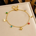 Gold chain bracelet featuring colorful zircon drops and butterfly charms with lobster clasp - Butterfly Teardrop Colorful Stone Style (B1772)