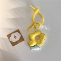 Detail of yellow fabric flower pendant with cyan embroidery and acrylic chain accessory - Yellow Floral