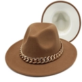 Two-tone caramel fedora hat with large gold acrylic chain and white lining detail - Khaki and Beige