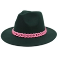 Detail of dark green wide brim fedora hat with decorative pink plastic chain - Dark Green