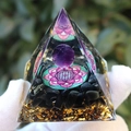 Crystal resin pyramid with purple beads, pink lotus flower, and gold foil fragments - Amethyst Ball Lotus Obsidian / Small