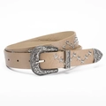 Cintura western in pelle beige con borchie a stella argentate e fibbia incisa - Cachi