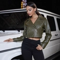 Slim fit cropped biker leather jacket in olive green with metallic zipper and belt details - XS / Dark Green