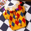 Hondentrui in harlekijnstijl met kleurrijke ruitpatronen en decoratieve pomponballen - XS (Aanbevolen gewicht 0,5-1,5 kg) / Geel circus #trui#