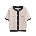Elegant white short sleeve knit cardigan with black contrast trim and gold buttons - S / White