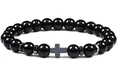 Detail of hematite cross charm and polished black beads on a men's beaded bracelet - Glossy Black Stone Bracelet