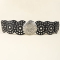 Detailed close-up of a western retro belt featuring floral embossed buckle and silver eyelets - 19635 Antique Silver Black