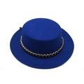 Detailed top view of a dark blue wool boater hat featuring a stylish gold chain band - M (56-58cm) / Sapphire Blue