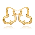 Detailed close-up of gold heart-shaped hoop earrings with a textured bamboo style finish - Heart-Shaped Hoop Style (C082) / Gold