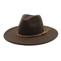 Detailed view of dark brown wool fedora hat featuring a light leather braided belt and tassel - M (56-58cm) / Brown