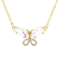 Detailed close-up of iridescent butterfly pendant necklace with pave white zircon accents - White