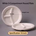 Eco-friendly 10-inch 3-compartment white sugarcane pulp disposable plate, 26.1cm diameter - 10 Inch 3-Compartment Plate Thickened / White