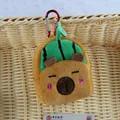 Cute plush Capybara coin purse with watermelon hat and red carabiner on a woven basket - 10cm / Watermelon Style