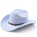 Detail of faux suede cowboy hat showing woven leather band and bronze bull head buckle - M(56-58cm) / Light Sky Blue
