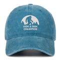 Detail of embroidered Bigfoot silhouette and Hide and Seek Champion text on cotton cap - One Size / Lake Blue