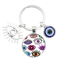 Blue Evil Eye keychain with glass gemstone pendant and eyelash metal charm on white background - Painted Eyeball (15)