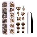Champagne gold nail art crystal set in 12-grid box with picker pen and tweezers - Crystal Aurum with Tweezers & Pen (ZSHZ-215 with Tools)