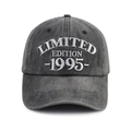 Detail of white 3D embroidery on washed charcoal cotton baseball cap with 1995 text - Adjustable / 1995 Style (Carbon Grey)