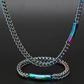 Rainbow plated stainless steel necklace and bracelet set with foxtail chain design - Multicolor Smooth Clasp