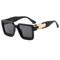 Trendy oversized square sunglasses in glossy black finish with elegant gold metal accents - Black Frame Black Grey Lens